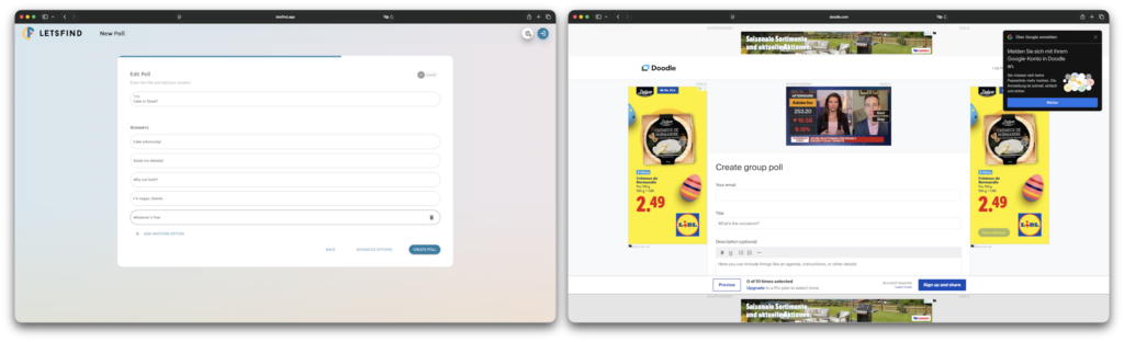 Doodle’s ad-heavy interface compared to Letsfind’s clean poll view