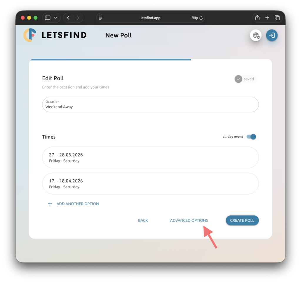 Letsfind's advanced settings hidden behind a toggle for a clean default experience