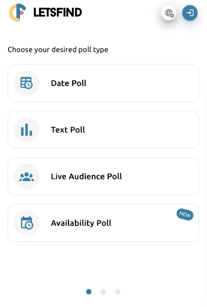 Letsfind poll type selection -- Date Poll, Text Poll, Live Poll
