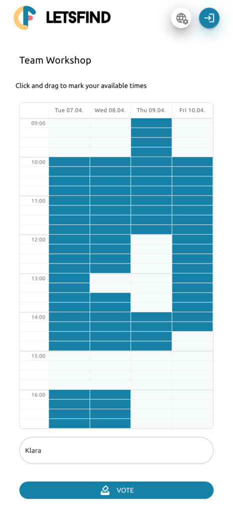 Letsfind availability poll vote page on mobile