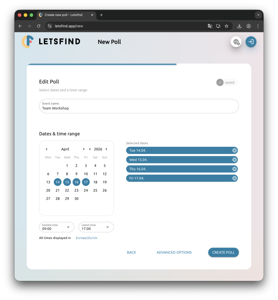 Creating a Letsfind availability poll — pick dates, set time range, done
