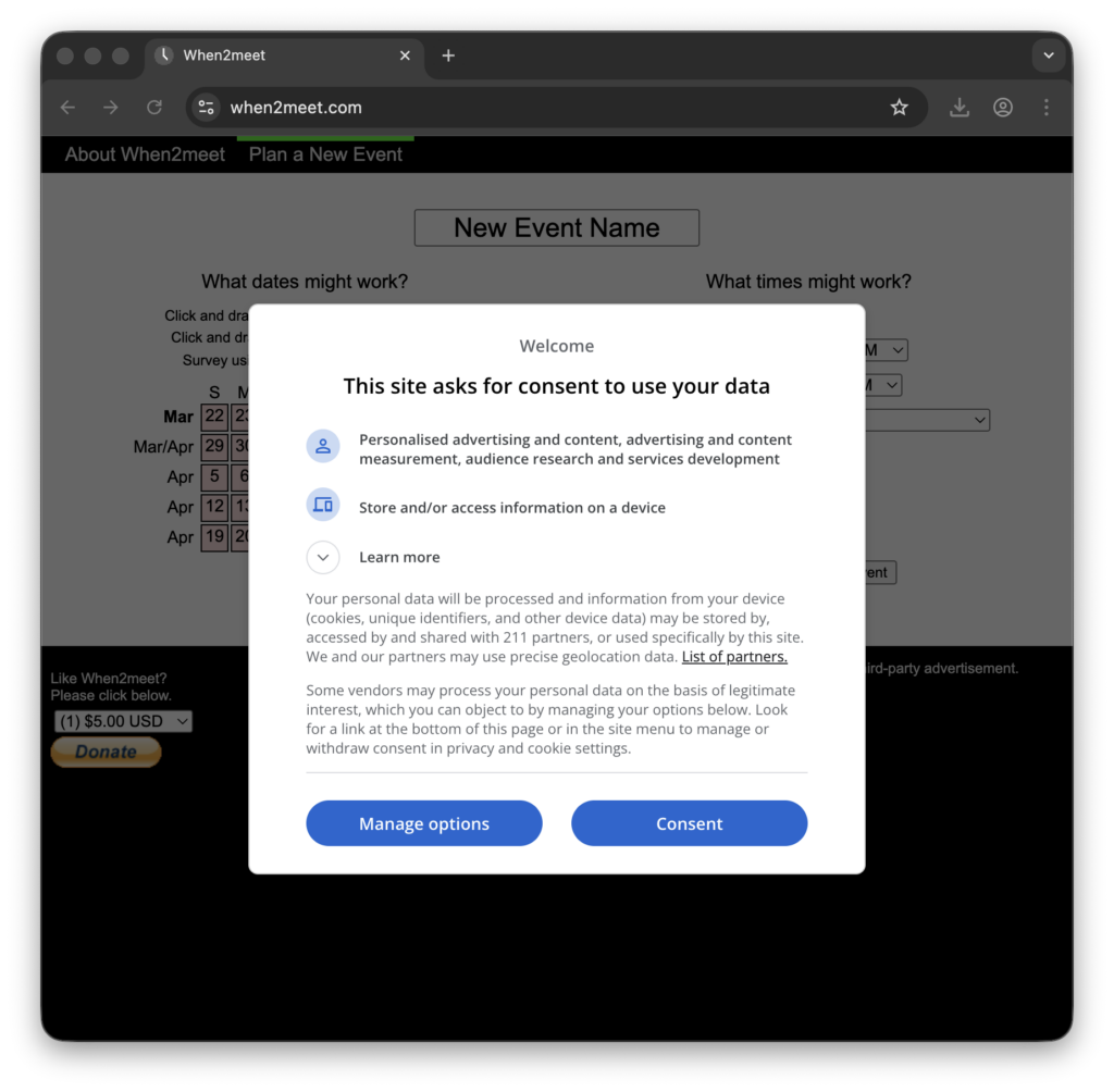when2meet cookie consent dialog asking to share data with 211 partners