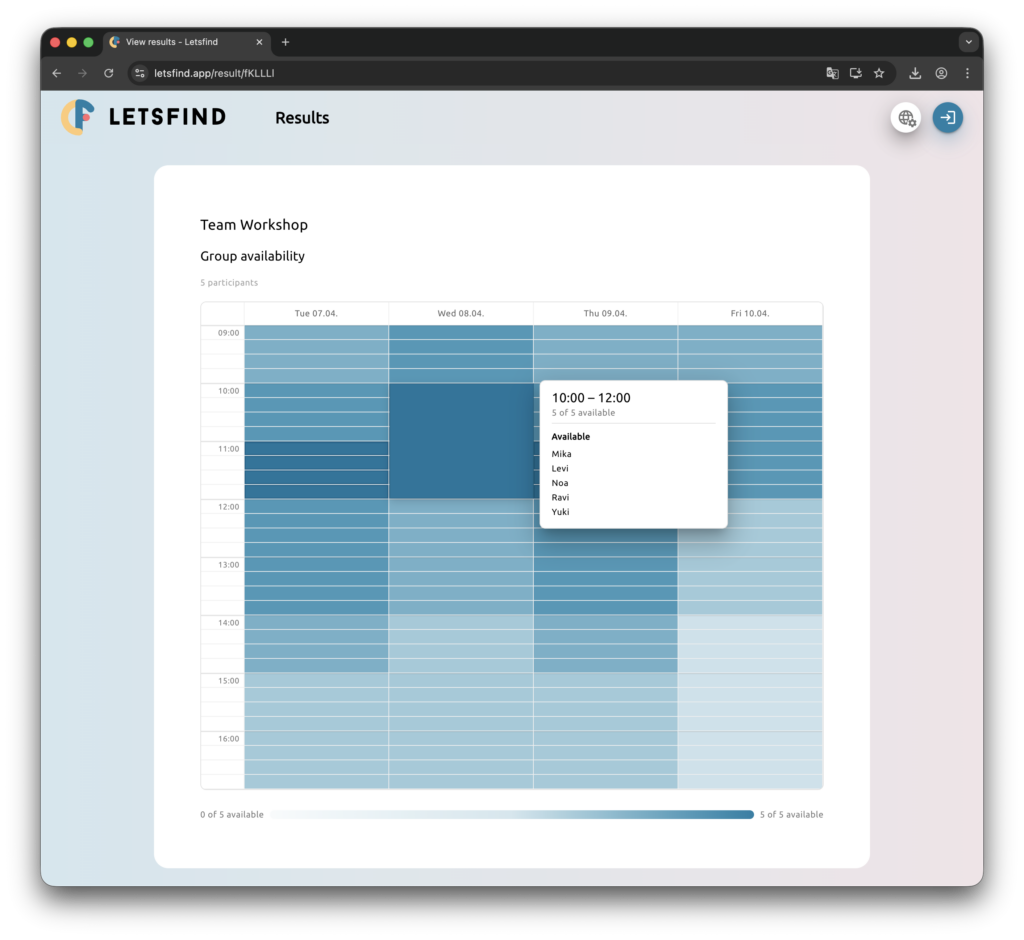 Letsfind block detection — clicking a heatmap cell highlights the entire contiguous time block and shows who's available