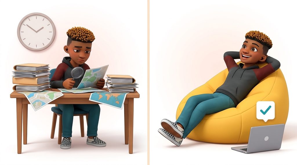 Two-panel illustration: in 2007 a researcher buried in paper files, in 2026 the same person relaxing while a laptop does the work